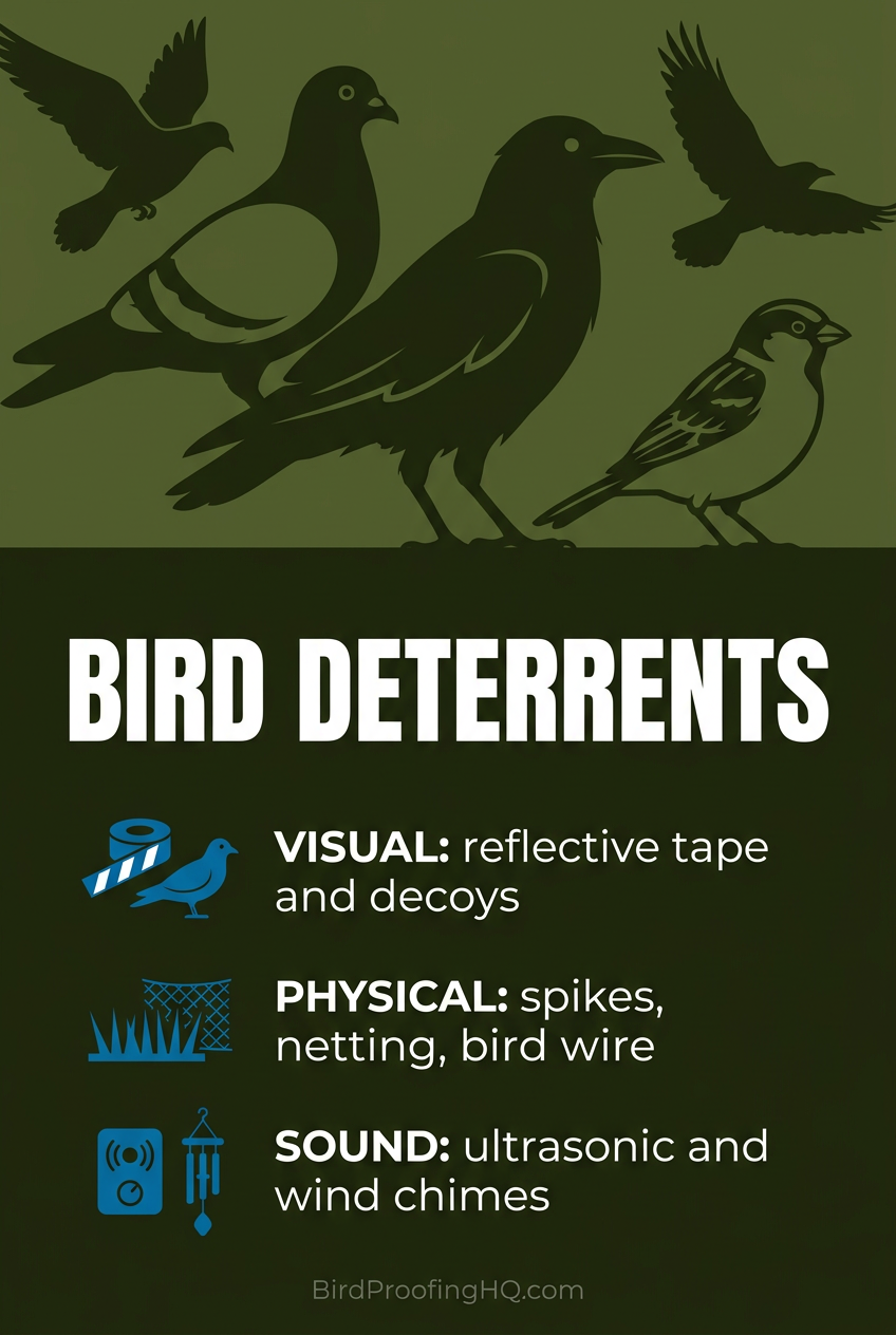 Bird Deterrents — Visual: reflective tape and decoys. Physical: spikes, netting, bird wire. Sound: ultrasonic and wind chimes