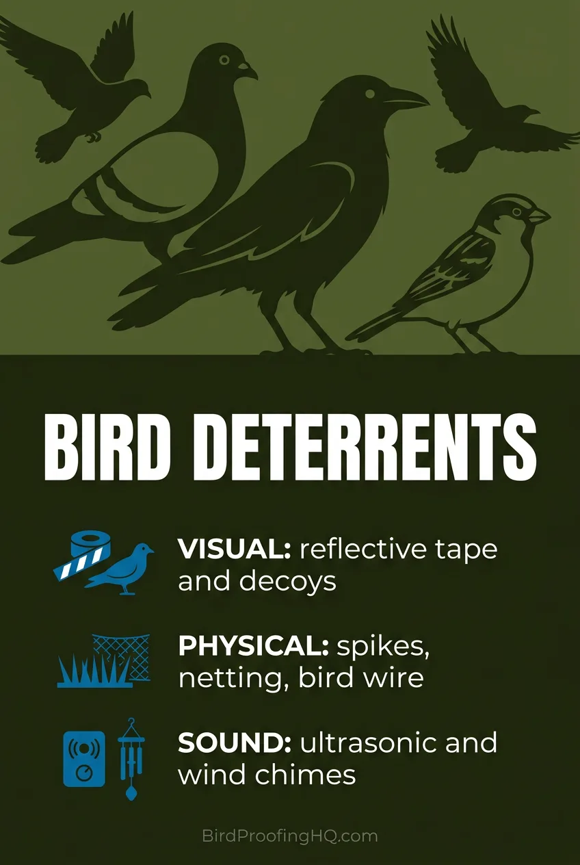 Bird deterrent types: visual decoys and reflective tape, physical spikes and netting and wire, and sound devices