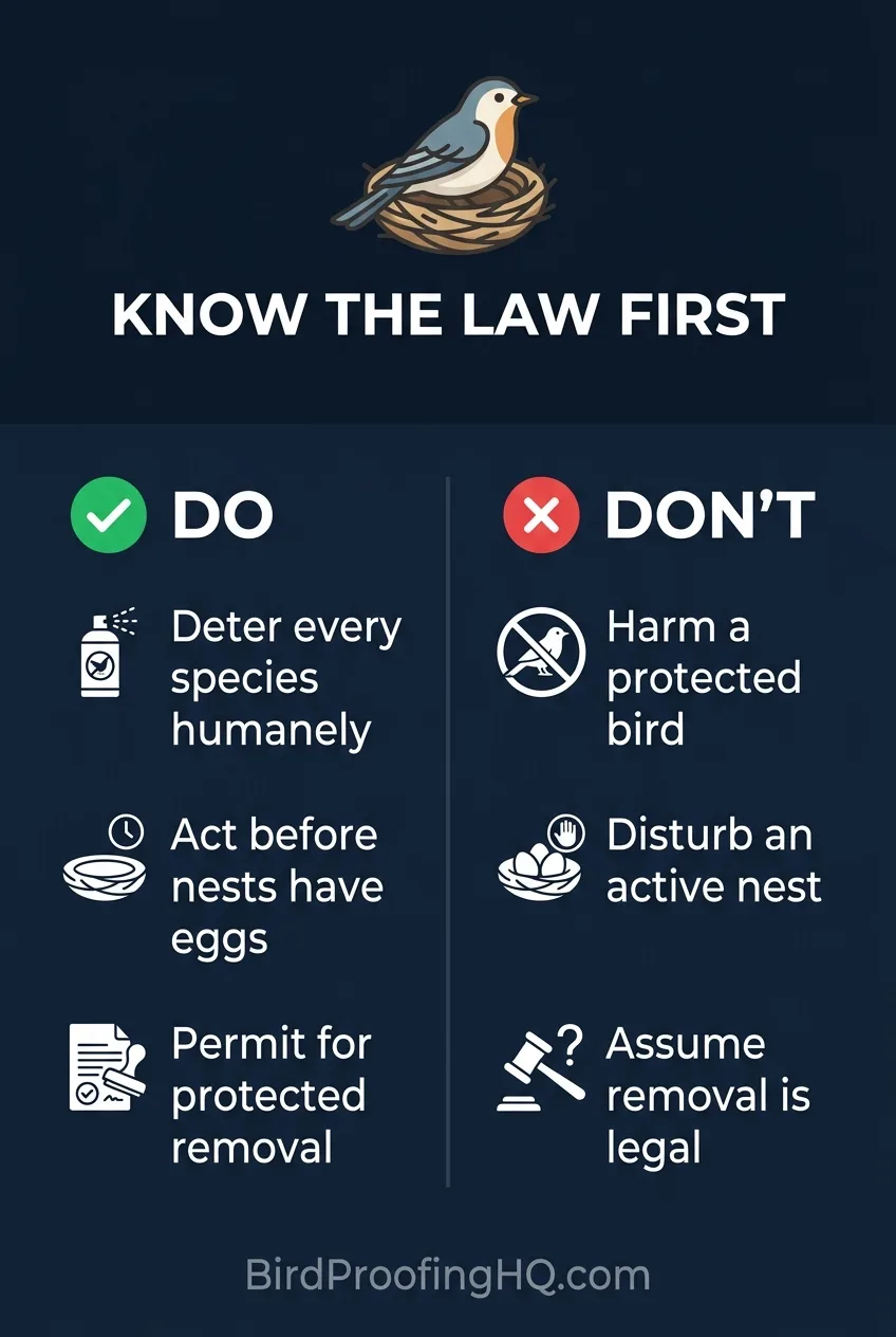 Know the law first: do deter every species humanely, act before nests have eggs, and get a permit for protected removal; don't harm a protected bird, disturb an active nest, or assume removal is legal
