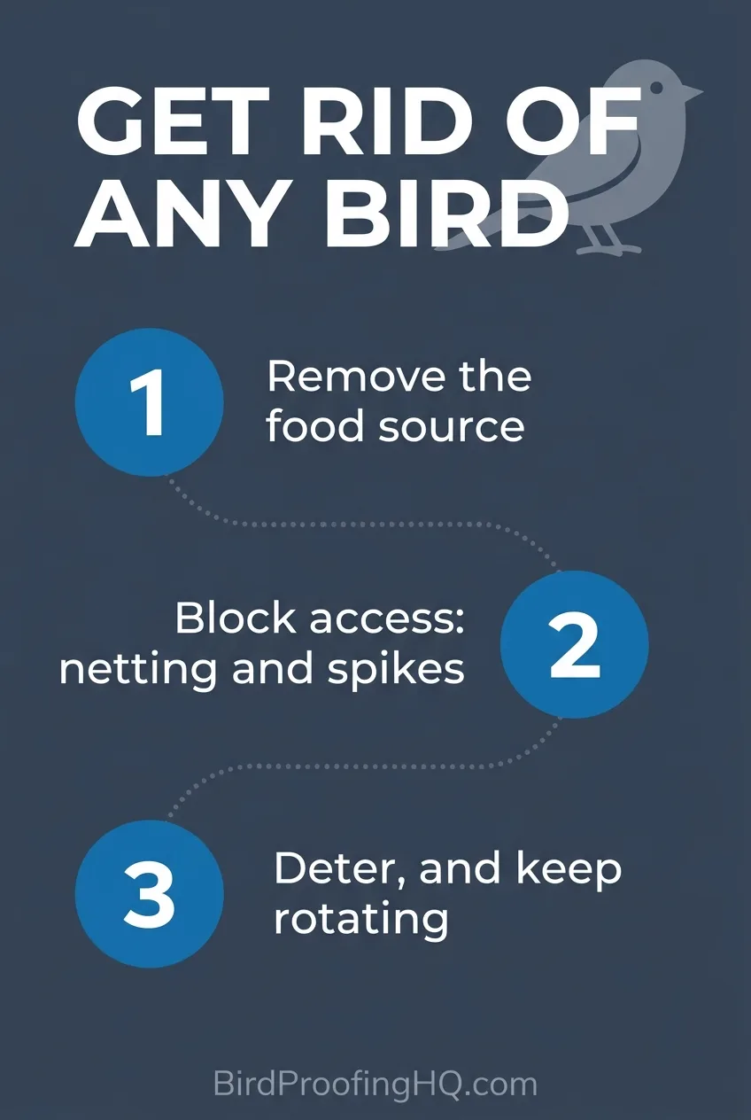 Get rid of any bird in three steps: remove the food source, block access with netting and spikes, then deter and keep rotating