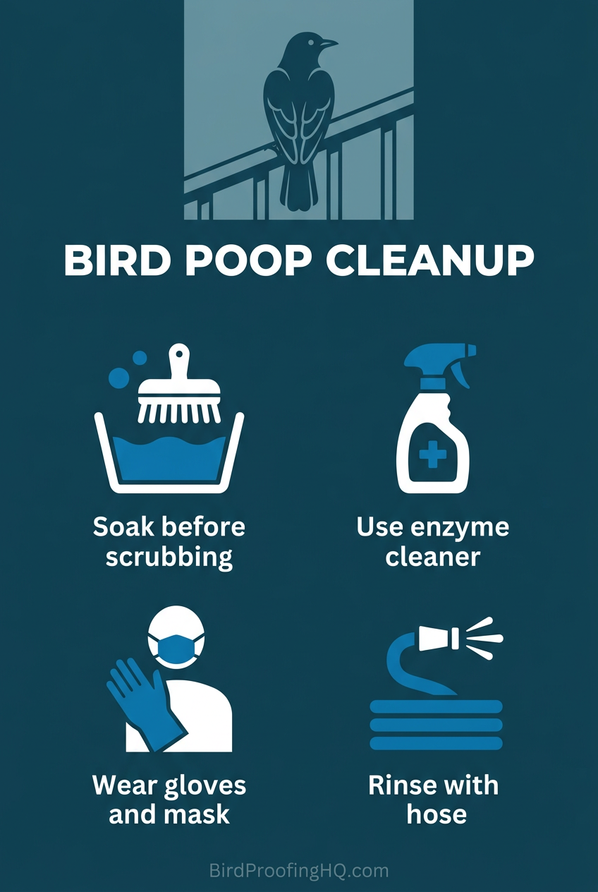 Bird Poop Cleanup — Soak before scrubbing, use enzyme cleaner, wear gloves and mask, rinse with hose