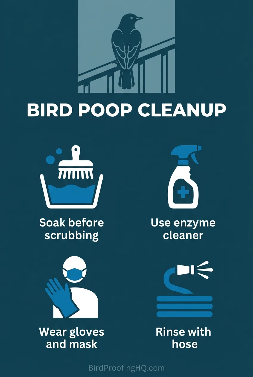 Bird poop cleanup steps: soak before scrubbing, use an enzyme cleaner, wear gloves and a mask, rinse with a hose