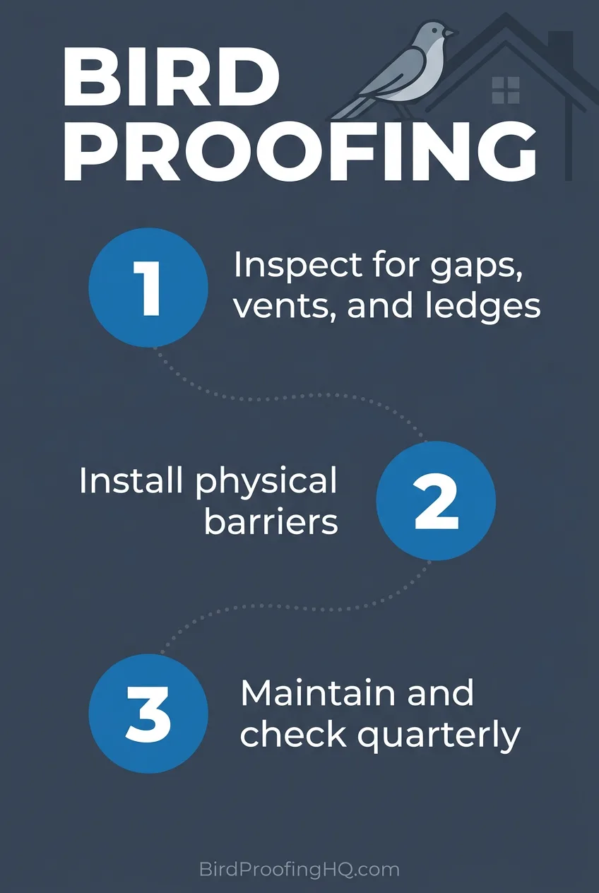 Bird proofing steps: inspect for gaps, vents, and ledges; install physical barriers; maintain and check quarterly