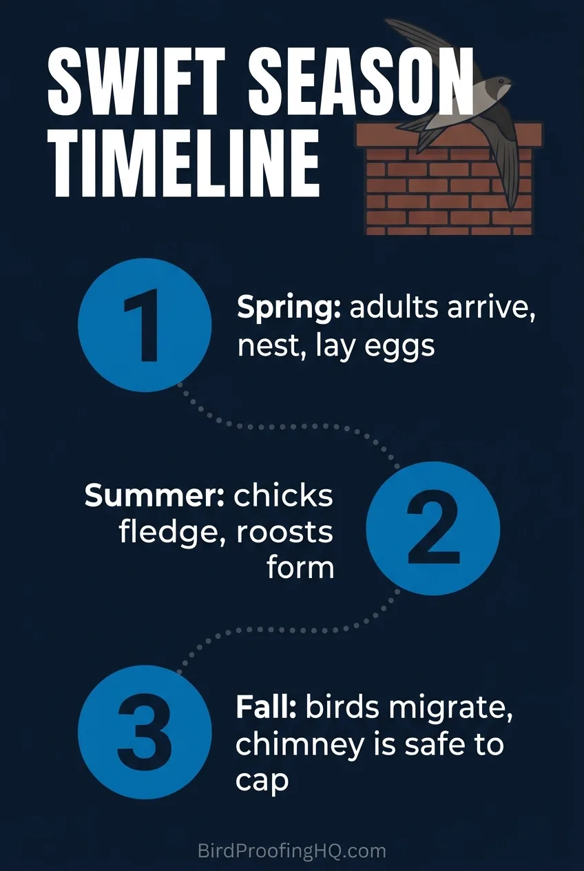 An infographic showing the chimney swift season in three steps: spring arrival and nesting, summer fledging and roosts, fall migration and the safe capping window