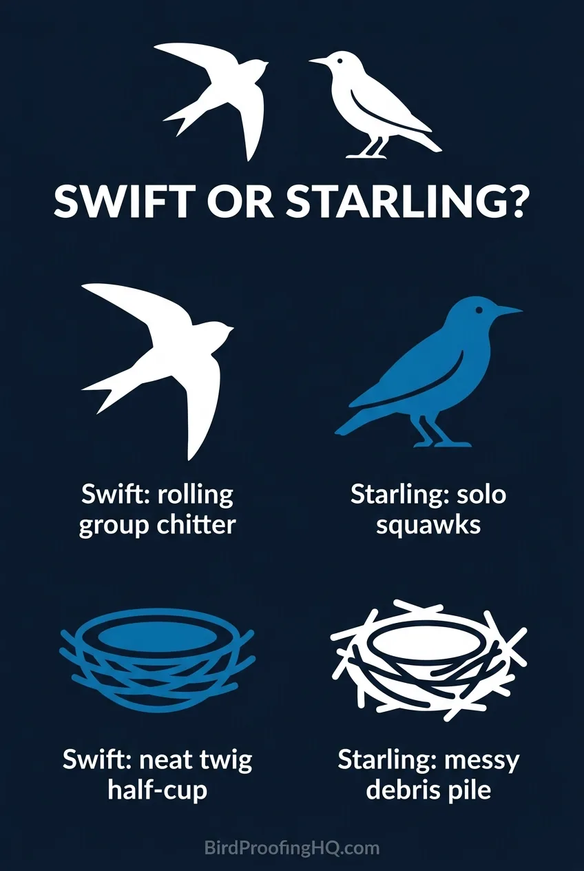 An infographic comparing chimney swifts and starlings: swifts chitter as a group and build a neat twig half-cup nest, while starlings squawk alone and build a messy debris pile