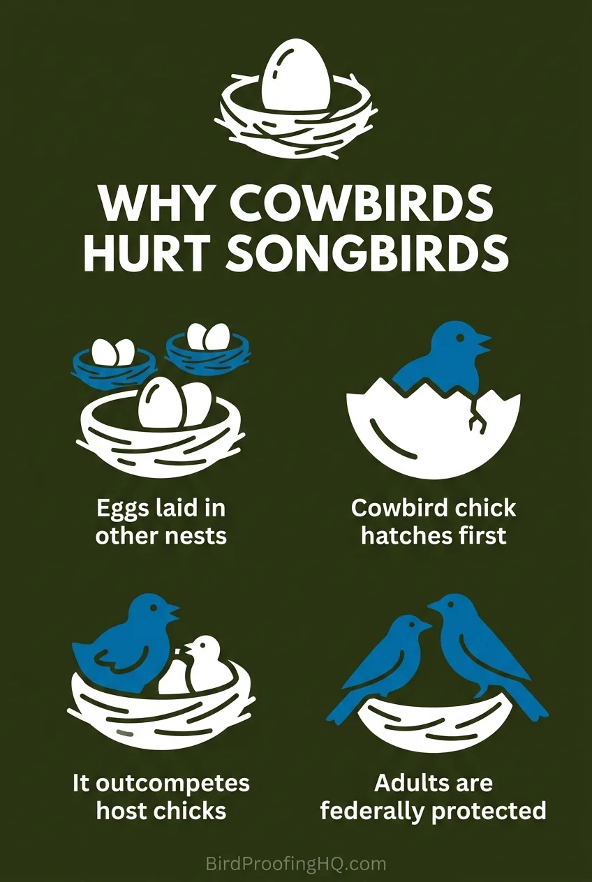 Why cowbirds hurt songbirds: eggs laid in other nests, the cowbird chick hatches first, it outcompetes the host chicks, and the adults are federally protected