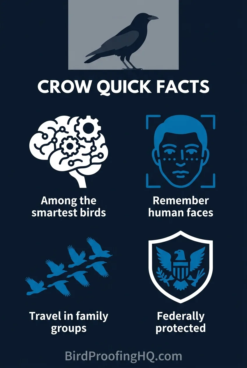 Crow quick facts: among the smartest birds, they remember human faces, travel in family groups, and are federally protected