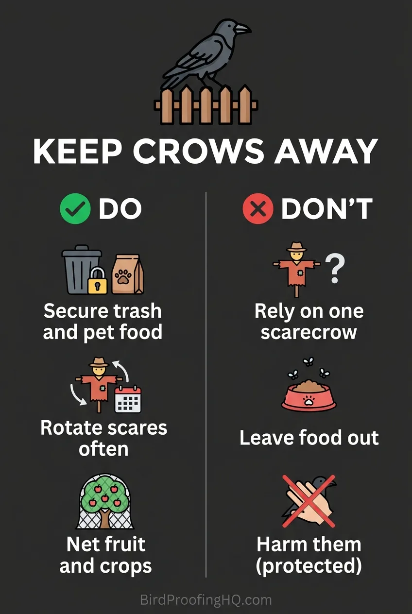 Keep crows away: do secure trash and pet food, rotate scares often, and net fruit and crops; don't rely on one scarecrow, leave food out, or harm them since they are protected