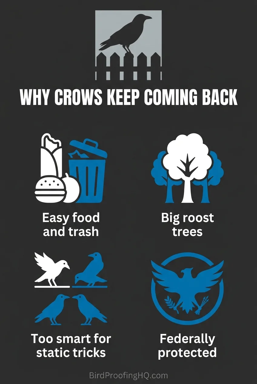 Why crows keep coming back: easy food and trash, big roost trees, too smart for static tricks, and federally protected