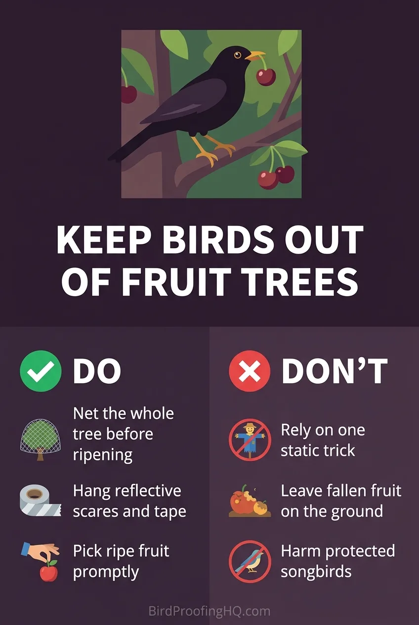 Keep birds out of fruit trees: do net the whole tree, hang reflective scares, and pick ripe fruit promptly; don't rely on one trick, leave fallen fruit, or harm protected songbirds