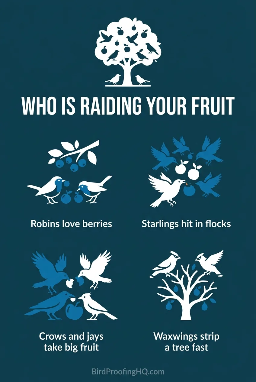Who is raiding your fruit: robins love berries, starlings hit in flocks, crows and jays take big fruit, and waxwings strip a tree fast