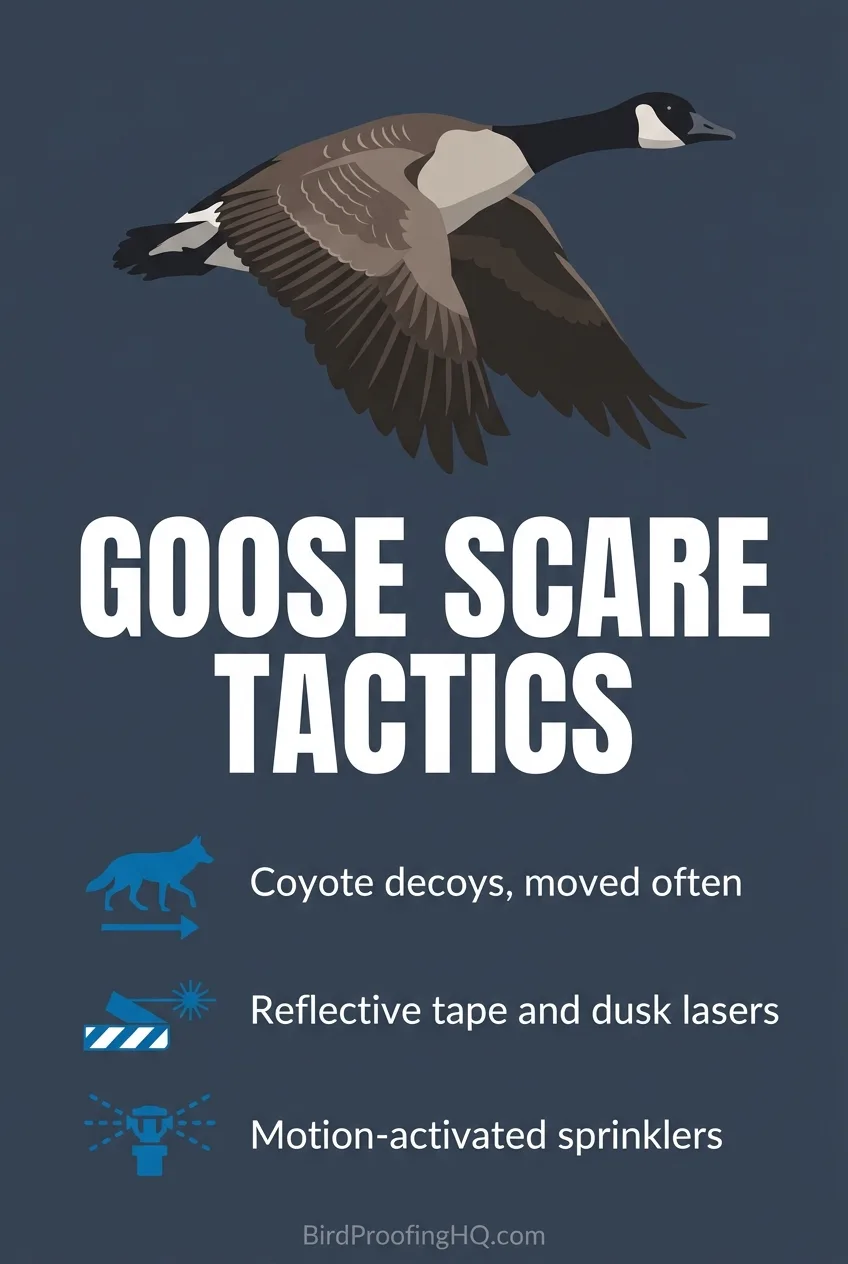 Goose scare tactics: coyote decoys moved often, reflective tape and dusk lasers, and motion-activated sprinklers