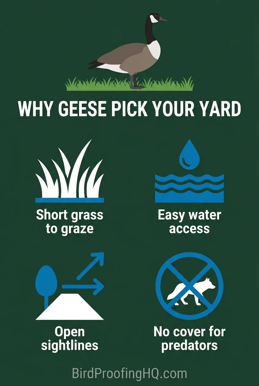 Why geese pick your yard: short grass to graze, easy water access, open sightlines, and no cover for predators