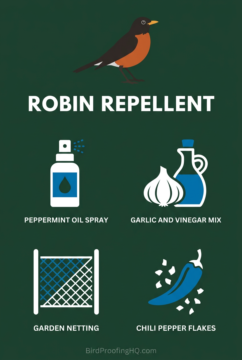 Homemade Robin Repellent - Peppermint oil spray, garlic and vinegar mix, garden netting, chili pepper flakes
