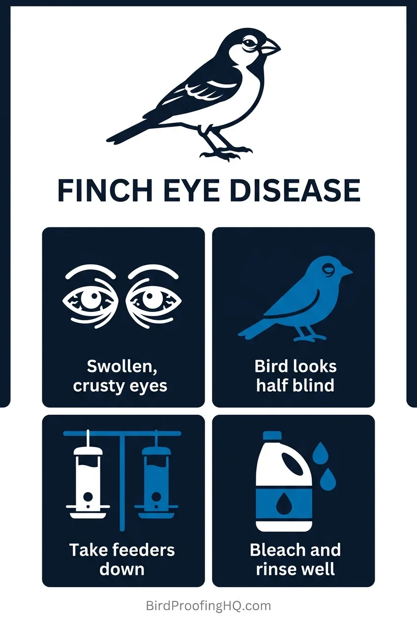 An infographic showing the signs of house finch eye disease and the two-step response: take feeders down and clean with bleach