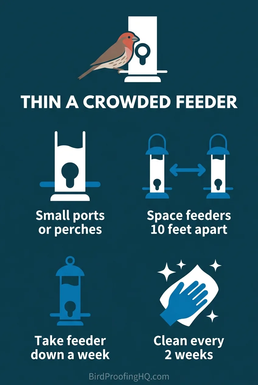 An infographic showing four ways to thin a crowded house finch feeder: small ports, feeder spacing, a temporary break, and regular cleaning
