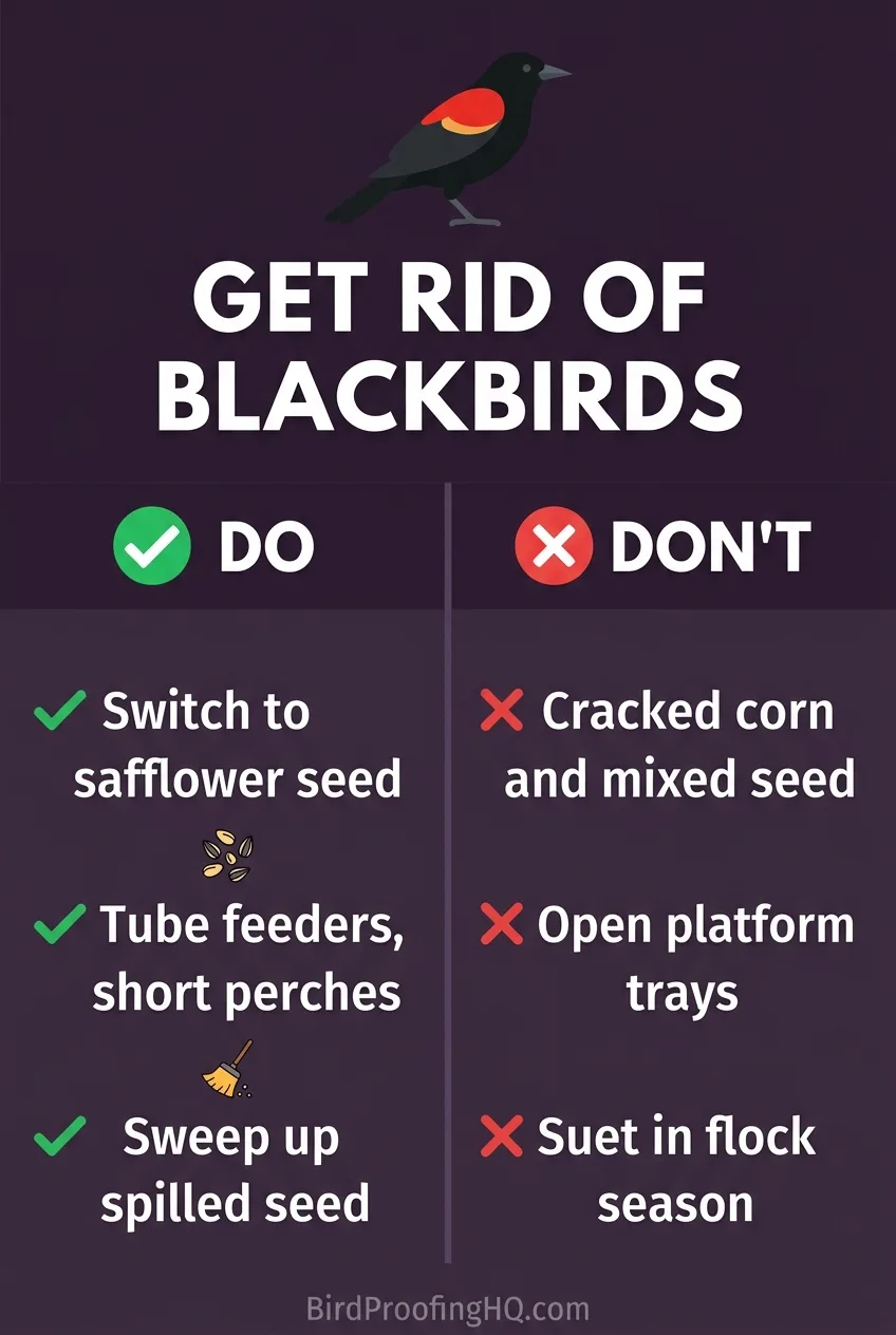 Get rid of blackbirds: do switch to safflower, tube feeders with short perches, and sweep up spilled seed; don't use cracked corn, open platform trays, or suet in flock season