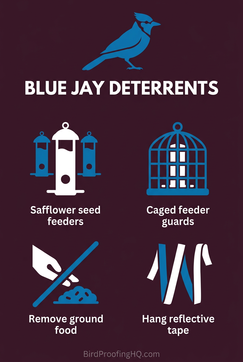 Blue Jay Deterrents — Safflower seed feeders, caged feeder guards, remove ground food, hang reflective tape