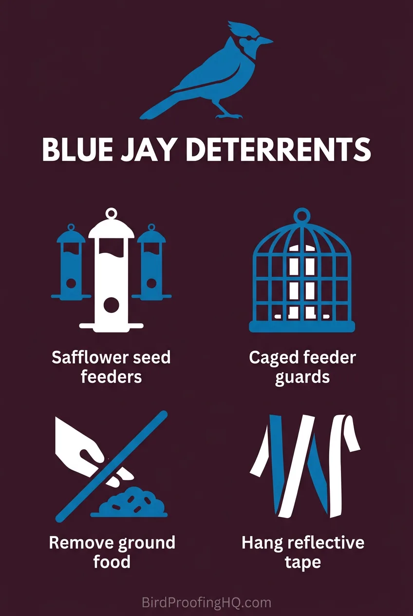 Blue jay deterrents: safflower seed feeders, caged feeder guards, remove ground food, and hang reflective tape