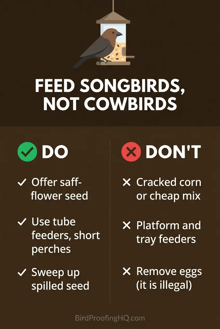 Feed songbirds, not cowbirds: do offer safflower, tube feeders, and sweep spilled seed; don't use cracked corn, platform trays, or remove eggs