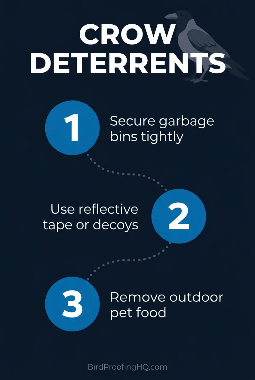 Crow deterrents: secure garbage bins, use reflective tape or decoys, and remove outdoor pet food