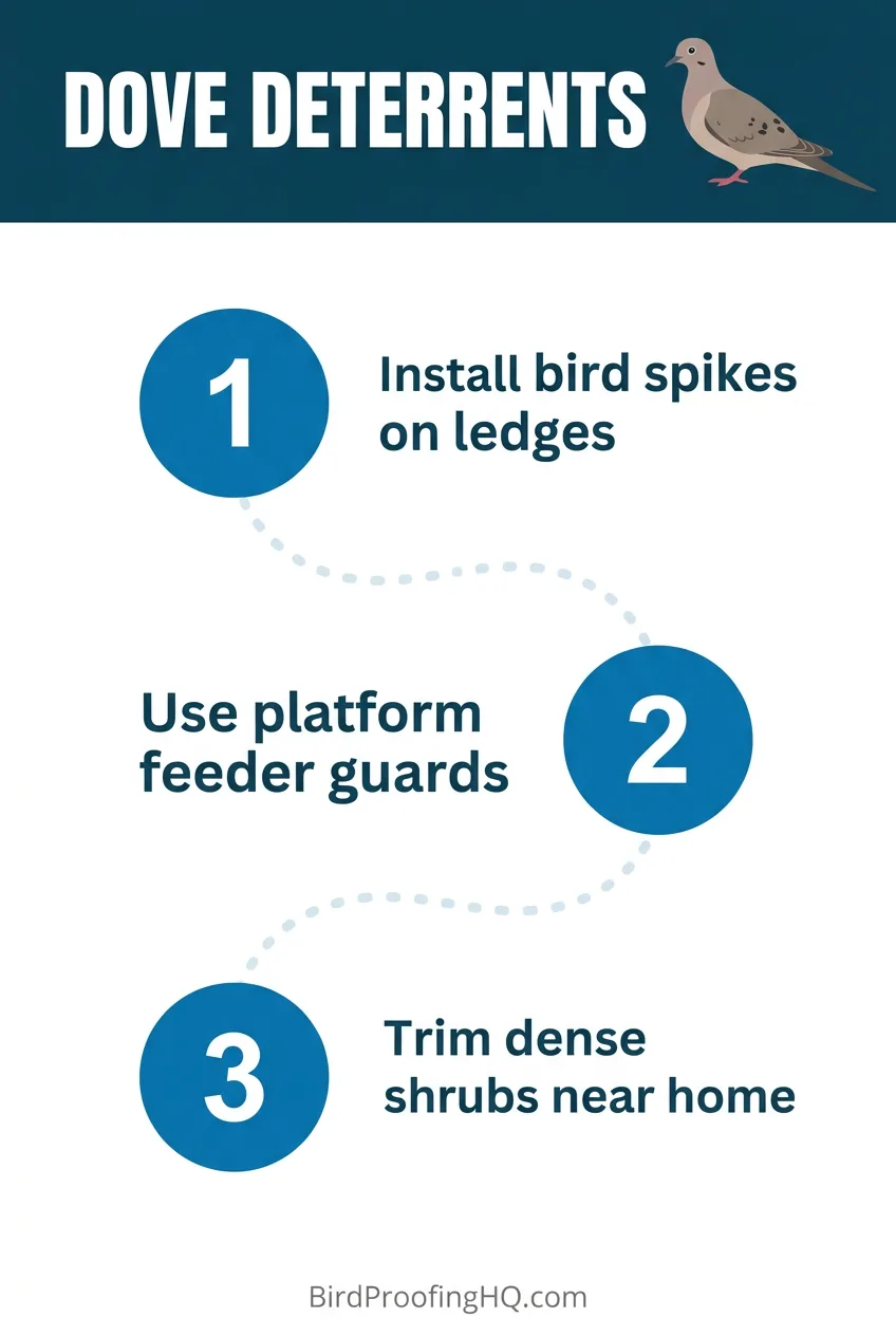 Dove deterrents: install bird spikes on ledges, use platform feeder guards, and trim dense shrubs near the home