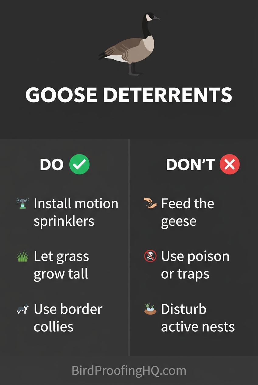 Goose Deterrents — Do: install motion sprinklers, let grass grow tall, use border collies. Do not: feed geese, use poison, disturb nests