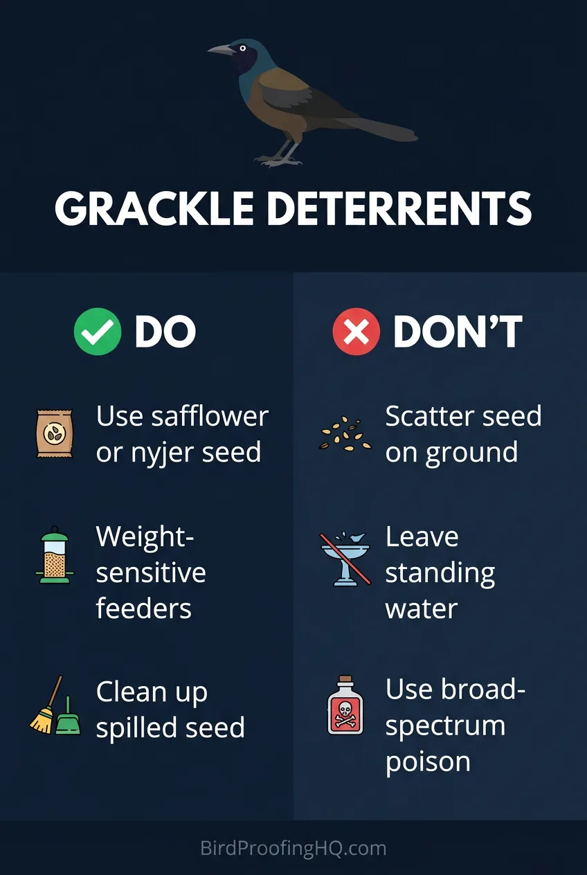Grackle deterrents. Do: use safflower seed, weight-sensitive feeders, clean up spilled seed. Do not: scatter seed, leave standing water, use poison