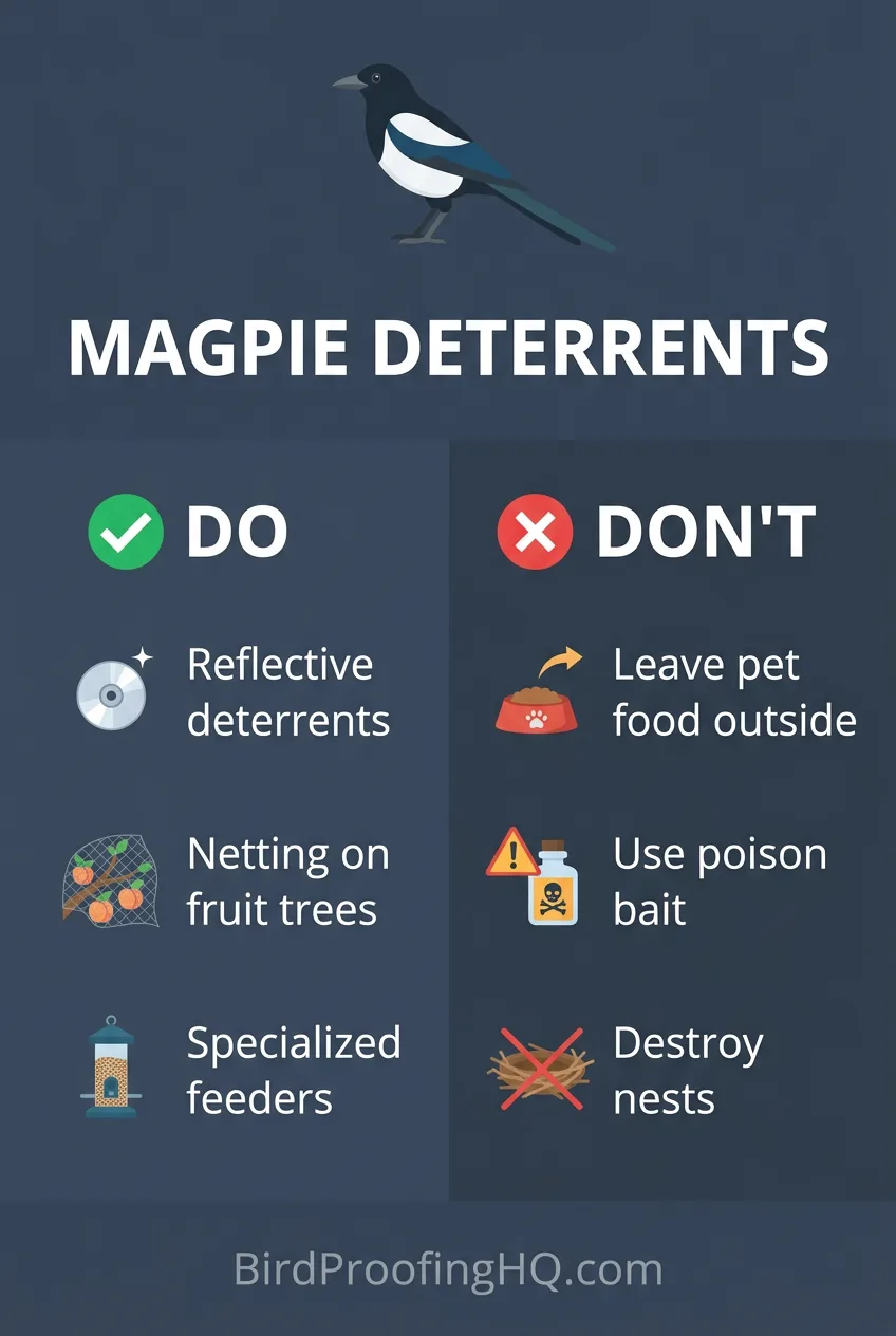 Magpie deterrents, do and do not: use reflective deterrents, net fruit trees, and add specialized feeders; never leave pet food out, use poison, or destroy nests