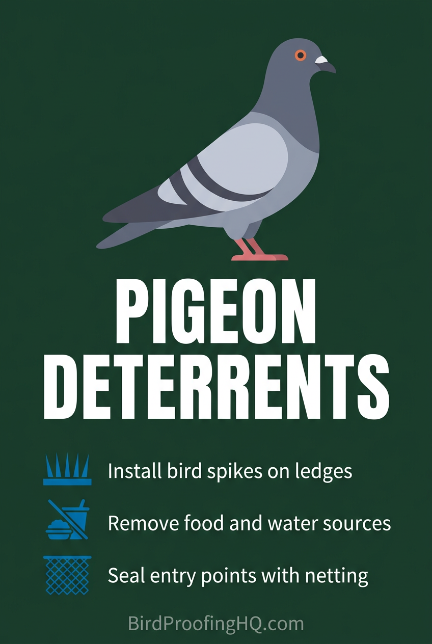 Pigeon Deterrents — Install bird spikes, remove food sources, seal entry points with netting