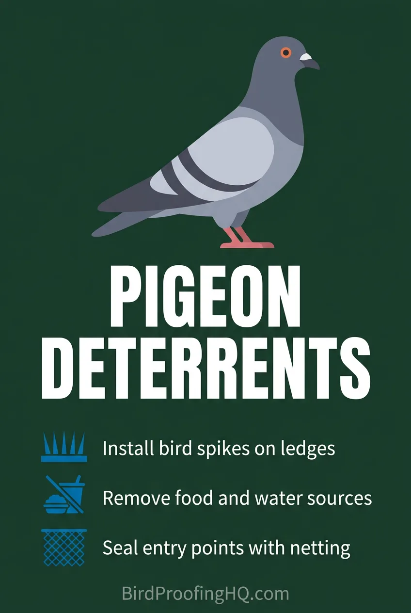 Pigeon deterrents: install bird spikes, remove food sources, and seal entry points with netting