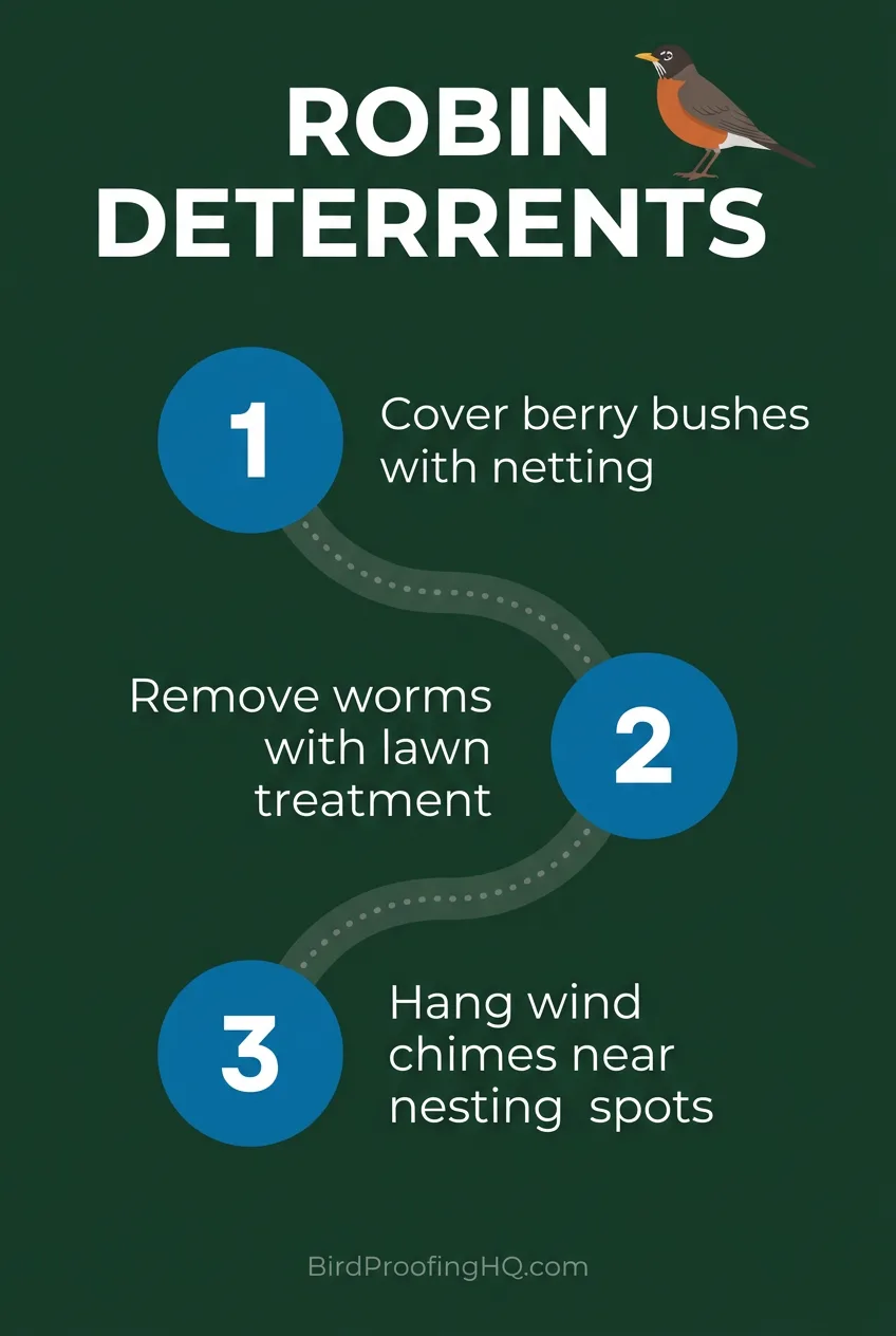 Robin deterrents: cover berry bushes with netting, treat the lawn for worms, and hang wind chimes