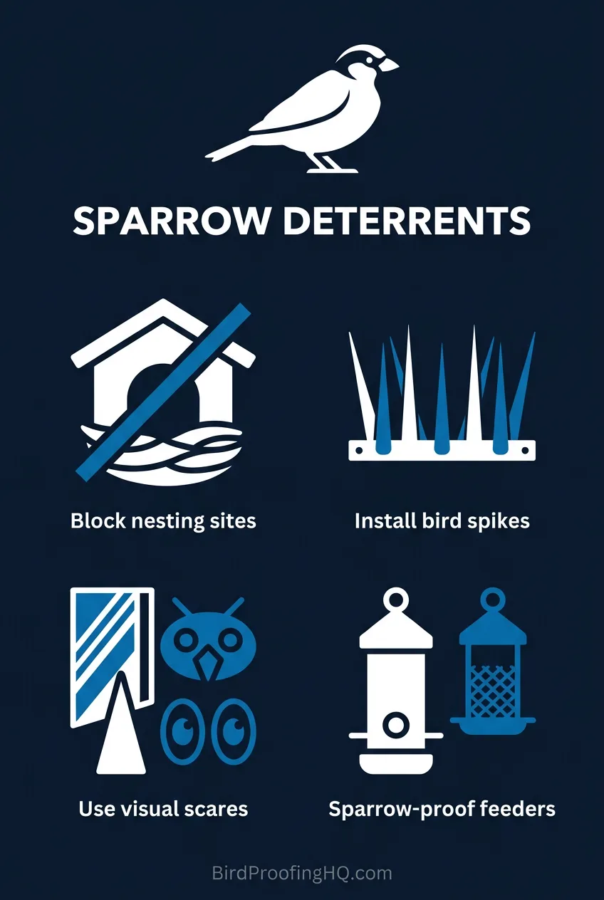 Sparrow deterrents: block nesting sites, install bird spikes, use visual scares, sparrow-proof feeders