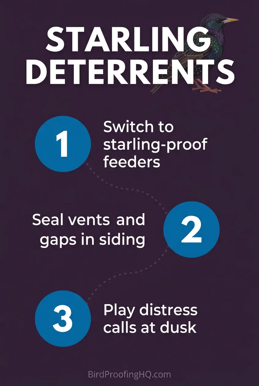 Starling deterrents: switch to starling-proof feeders, seal vents and gaps, play distress calls at dusk