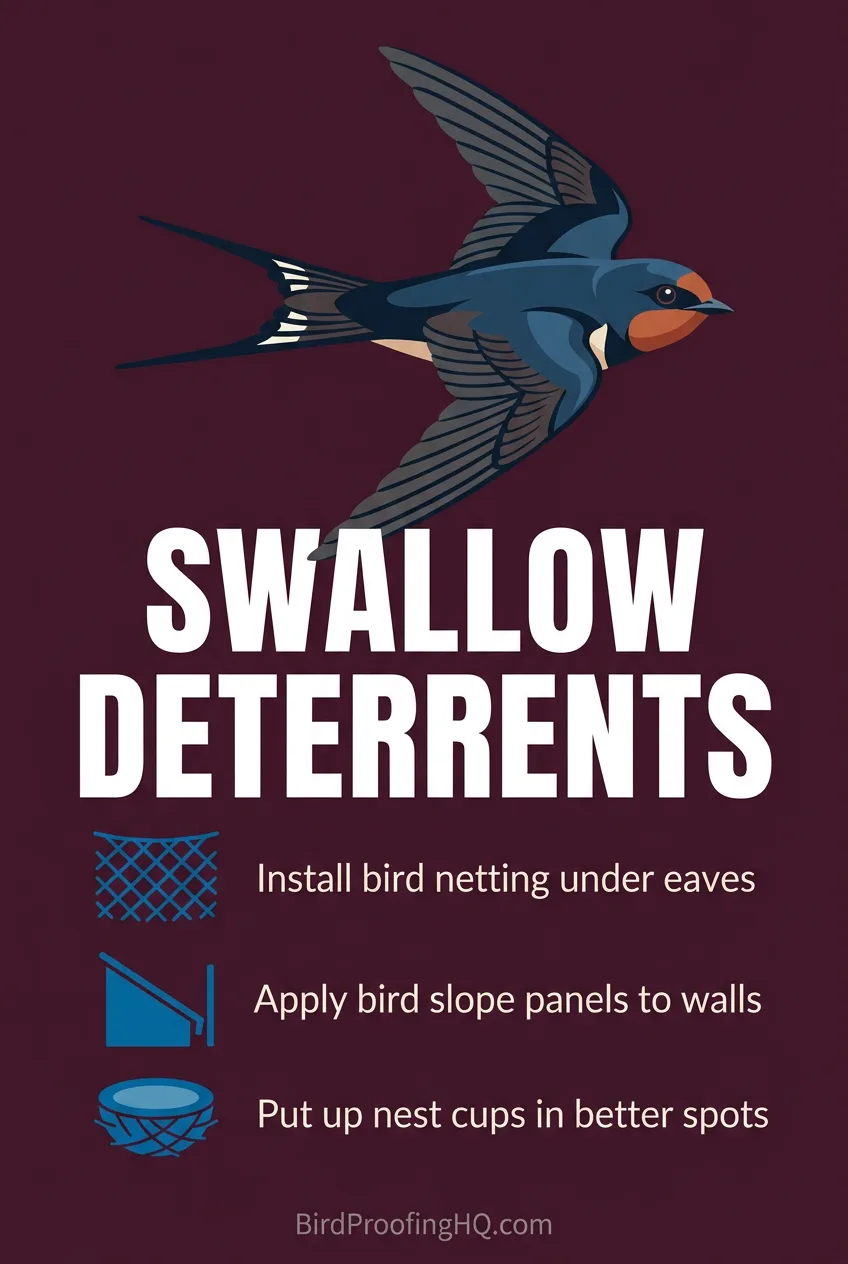 Swallow deterrents: install bird netting under eaves, apply bird slope panels to walls