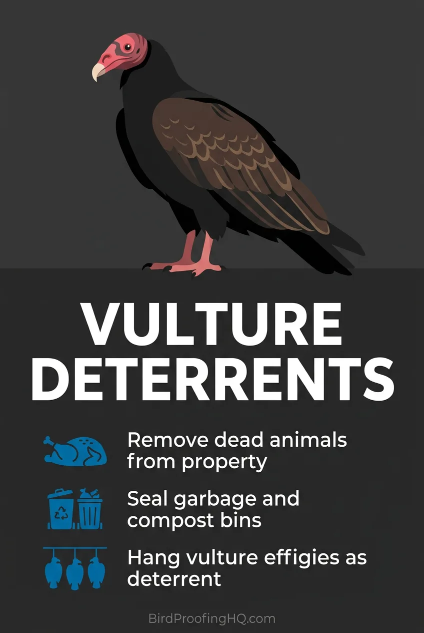 Vulture deterrents. Remove dead animals from property, seal garbage and compost bins, hang vulture effigies