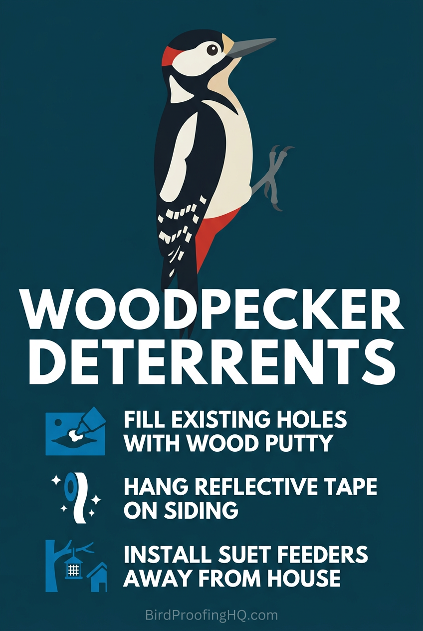 Woodpecker Deterrents — Fill holes with wood putty, hang reflective tape, install suet feeders away from house