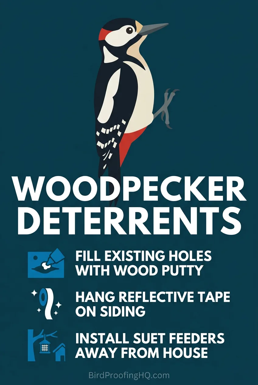 Woodpecker deterrents: fill holes with wood putty, hang reflective tape, install suet feeders away from the house