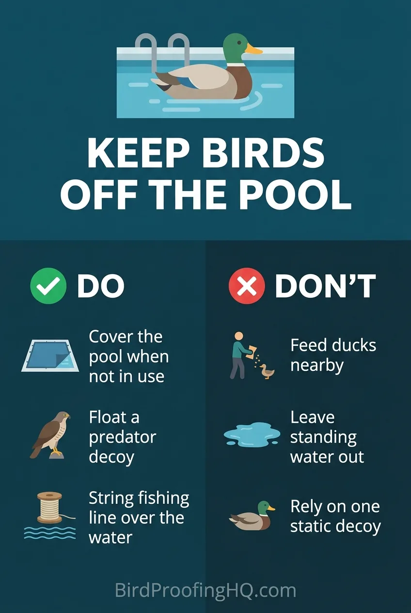 Keep birds off the pool: do cover it, float a decoy, and string fishing line; don't feed ducks, leave standing water out, or rely on one decoy