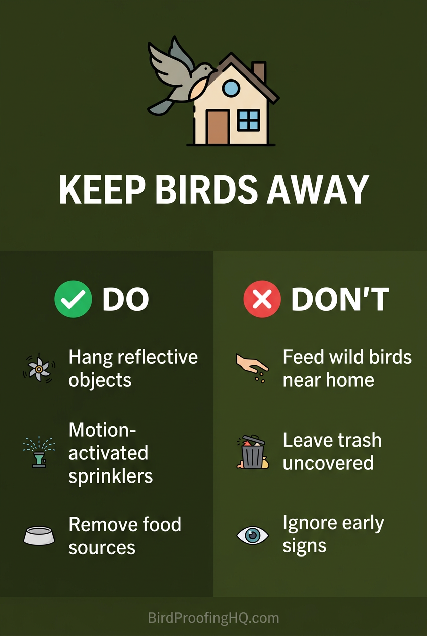Keep Birds Away — Do: hang reflective objects, use motion sprinklers, remove food sources. Do not: feed wild birds, leave trash uncovered, ignore early signs