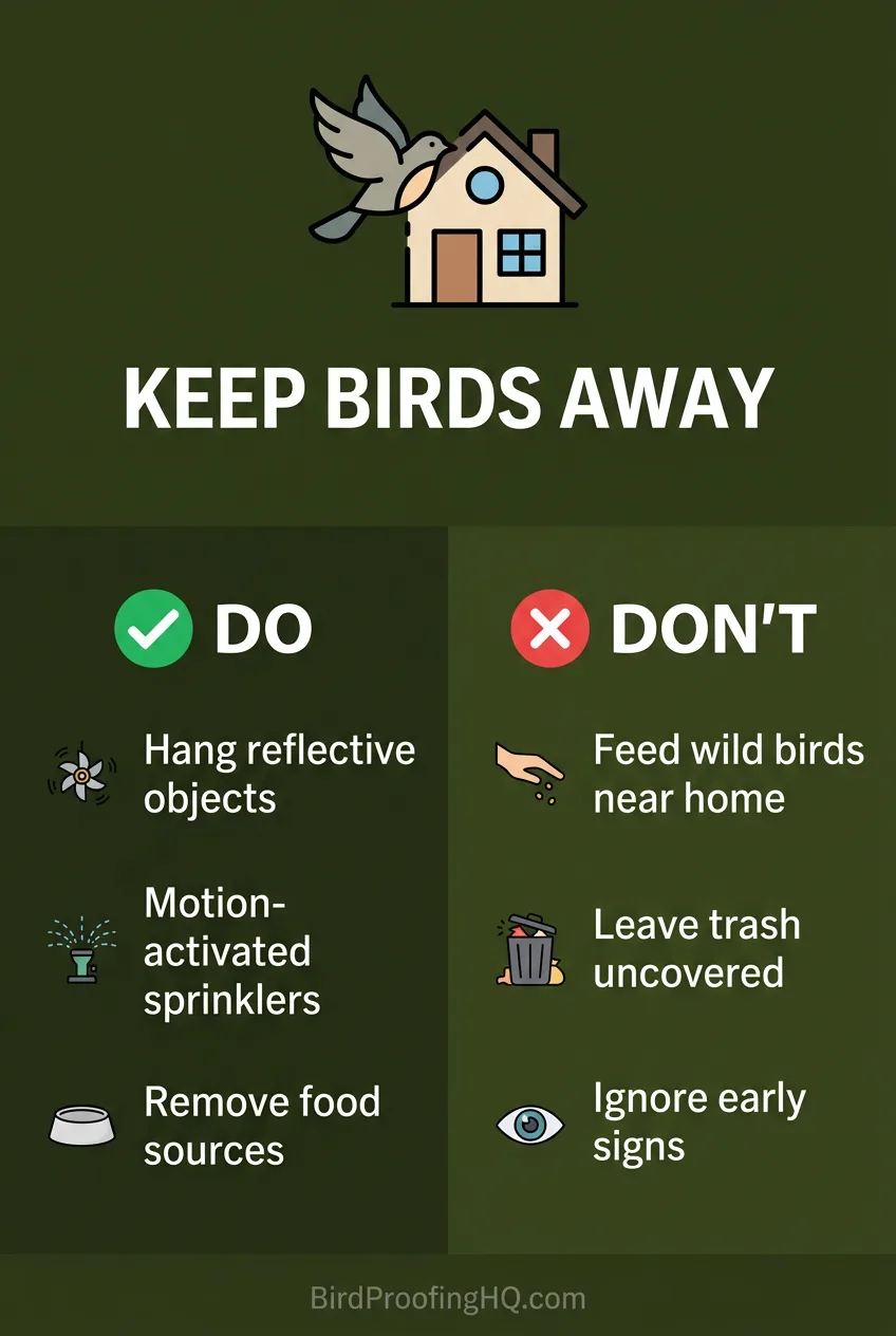 Do hang reflective objects, use motion sprinklers, and remove food sources; do not feed wild birds, leave trash uncovered, or ignore early signs