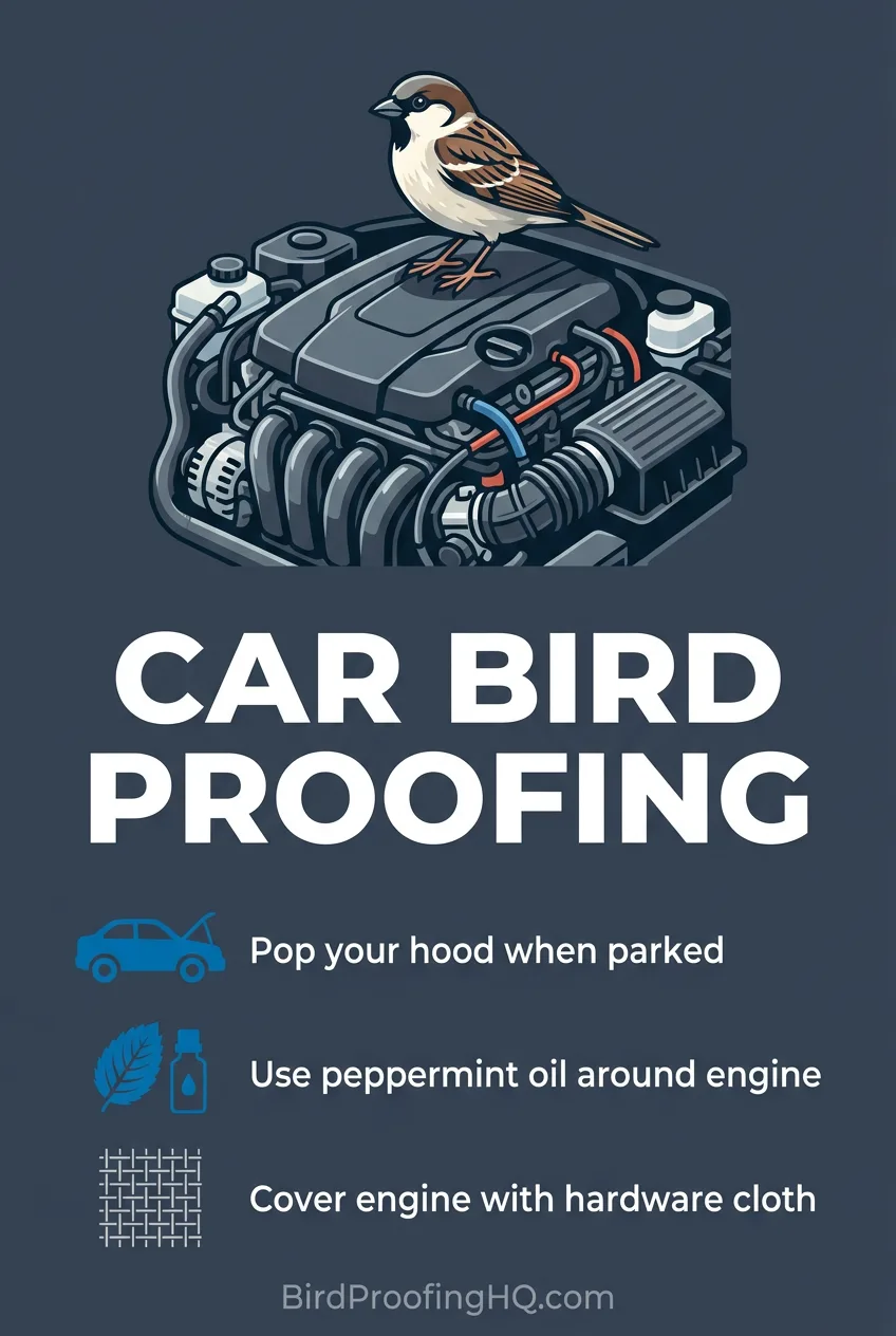 Car bird-proofing: pop the hood when parked, use peppermint oil around the engine, and cover it with hardware cloth