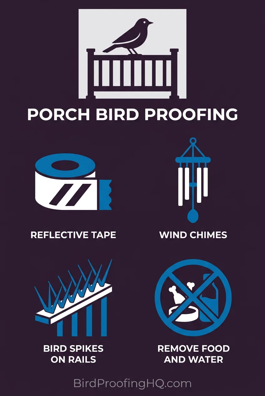 Porch bird-proofing: reflective tape, wind chimes, bird spikes on rails, and removing food and water sources