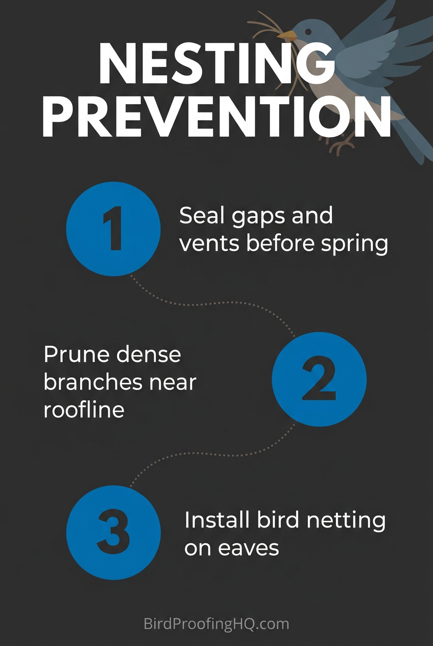 Nesting Prevention — 1: Seal gaps and vents before spring. 2: Prune dense branches near roofline. 3: Install bird netting on eaves