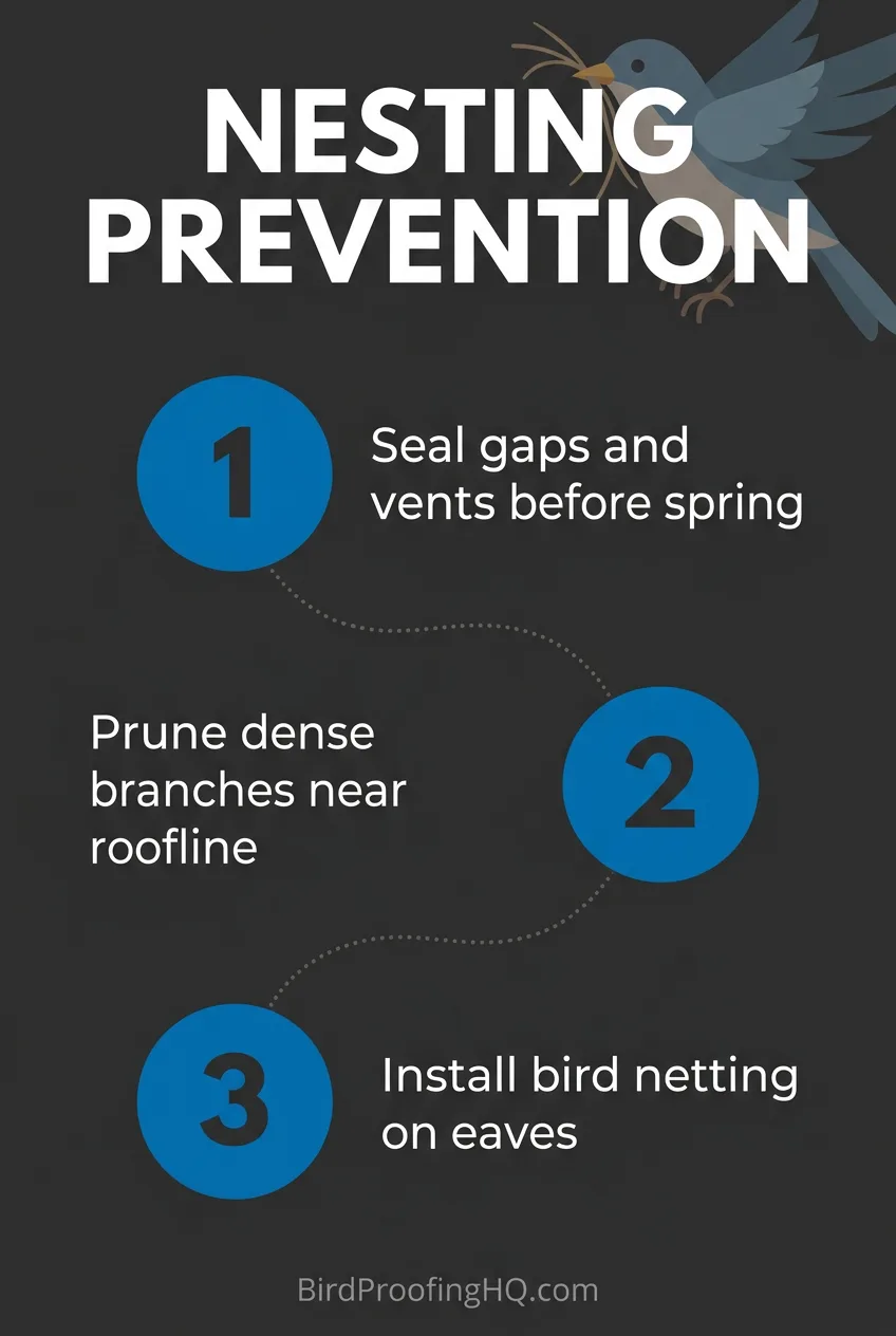 Nesting prevention steps: seal gaps and vents before spring, prune dense branches near the roofline, install bird netting on eaves