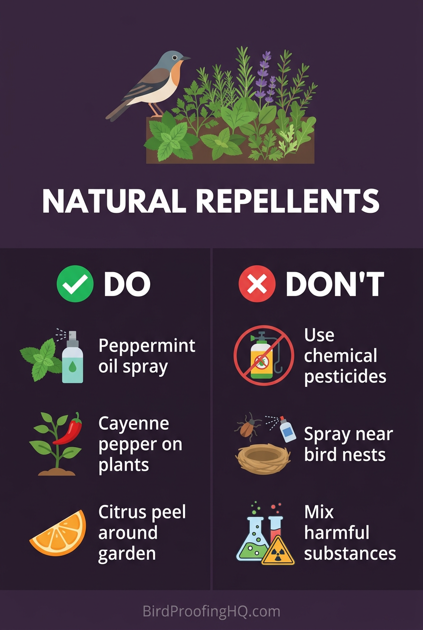 Natural Bird Repellents — Do: peppermint oil spray, cayenne pepper, citrus peel. Do not: use chemical pesticides, spray near nests, mix harmful substances