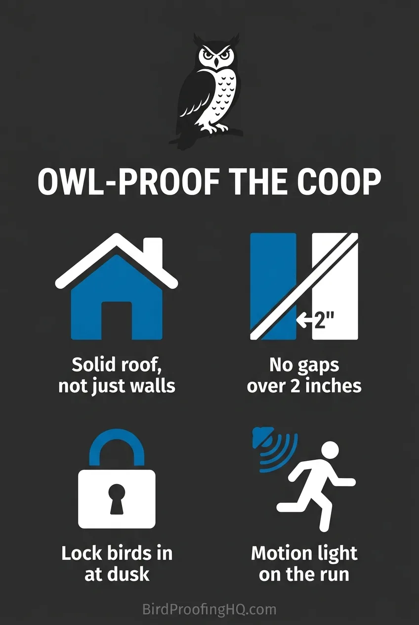 An infographic showing four steps to owl-proof a chicken coop: a solid roof, no gaps over 2 inches, locking birds in at dusk, and a motion light on the run