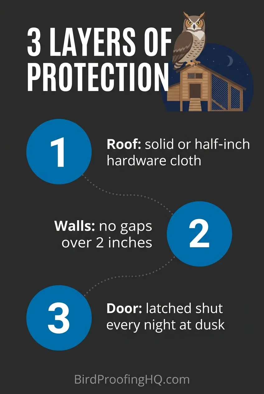 An infographic showing three layers of owl protection for a chicken coop: a solid or wire-mesh roof, walls with no gaps over 2 inches, and a door latched shut at dusk