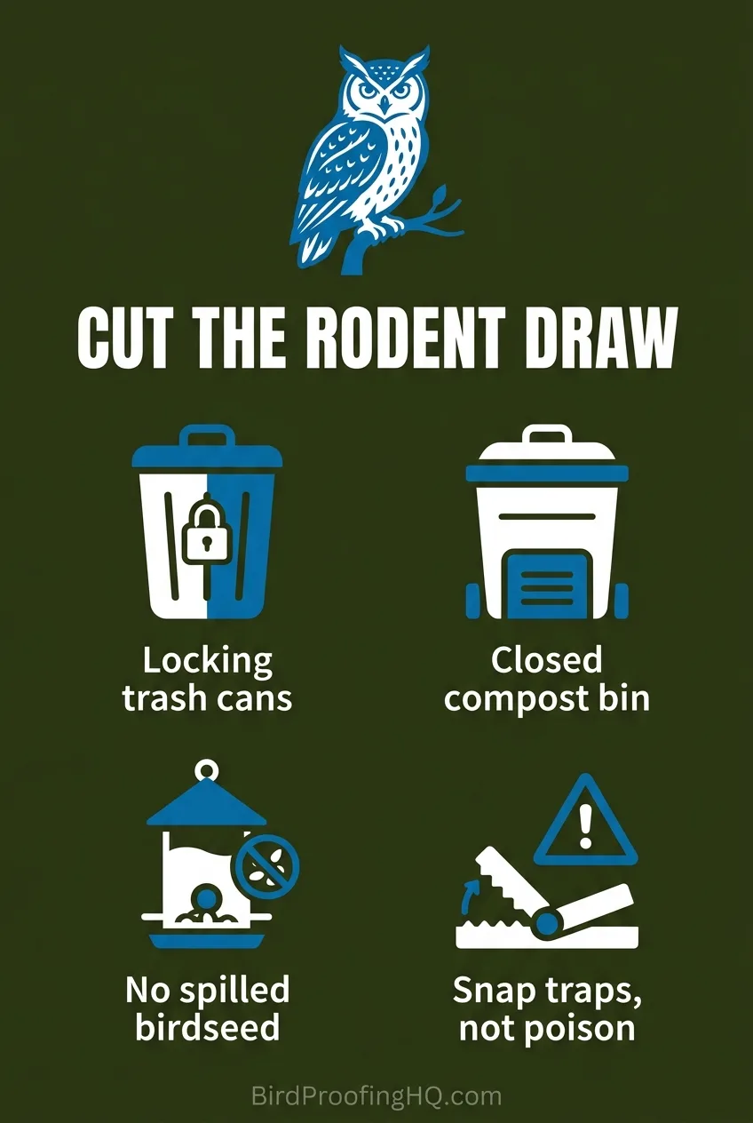 An infographic showing four ways to cut off the rodent draw that attracts owls: locking trash cans, a closed compost bin, no spilled birdseed, and snap traps instead of poison