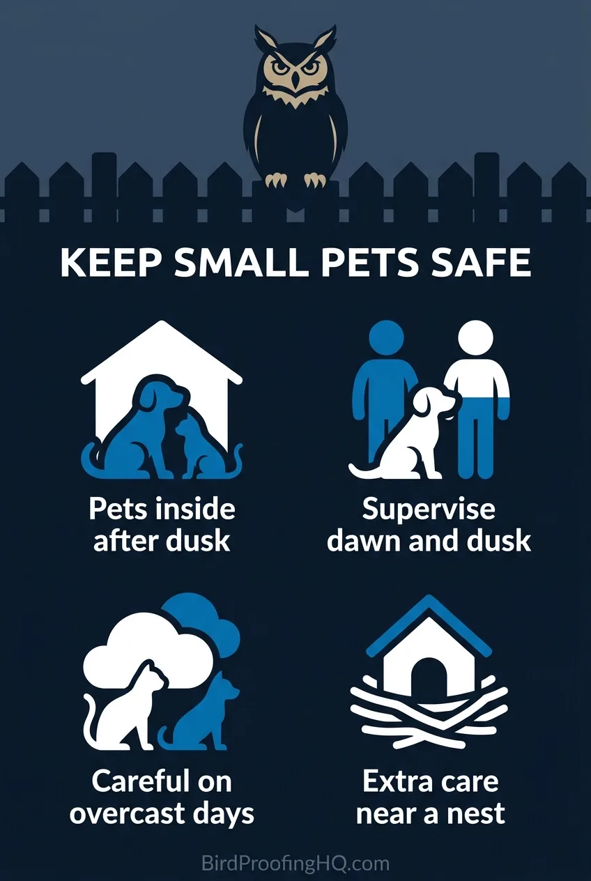 An infographic showing four small-pet safety rules around owls: pets inside after dusk, supervise them at dawn and dusk, extra caution on overcast days, and extra care near an active nest